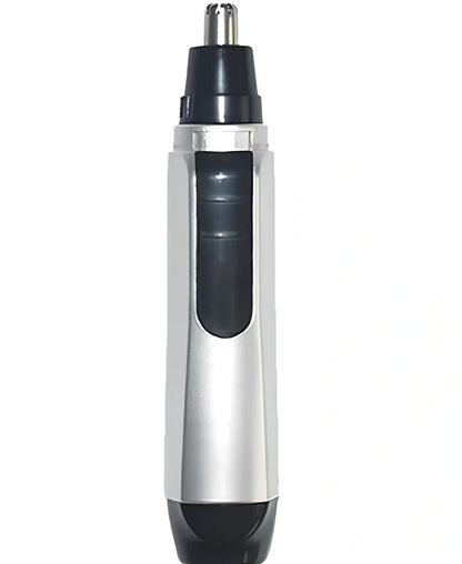 Electric nose hair trimmer with blue rubberised grip and stainless steel cutting head