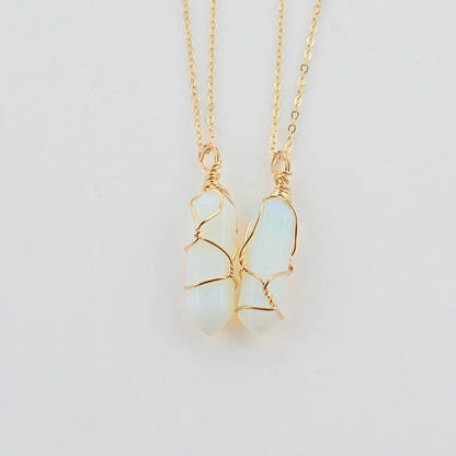 Geometric hexagonal quartz pendant necklace in various colors with copper wire and gold chain