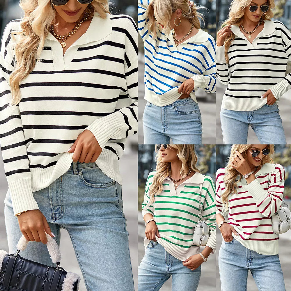Women's striped long sleeve pullover sweater in black, wine red, green, and blue