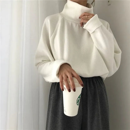 Women's pure colour half-high collar long sleeves top in loose fit, available sizes S to 3XL