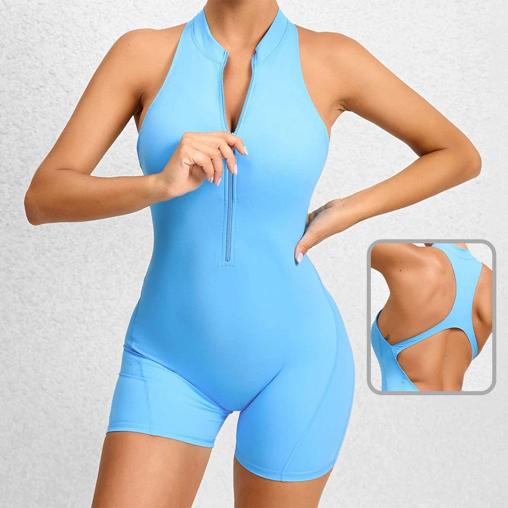 Women's sleeveless tummy control shapewear jumpsuit with zipper closure, available in multiple colors and sizes