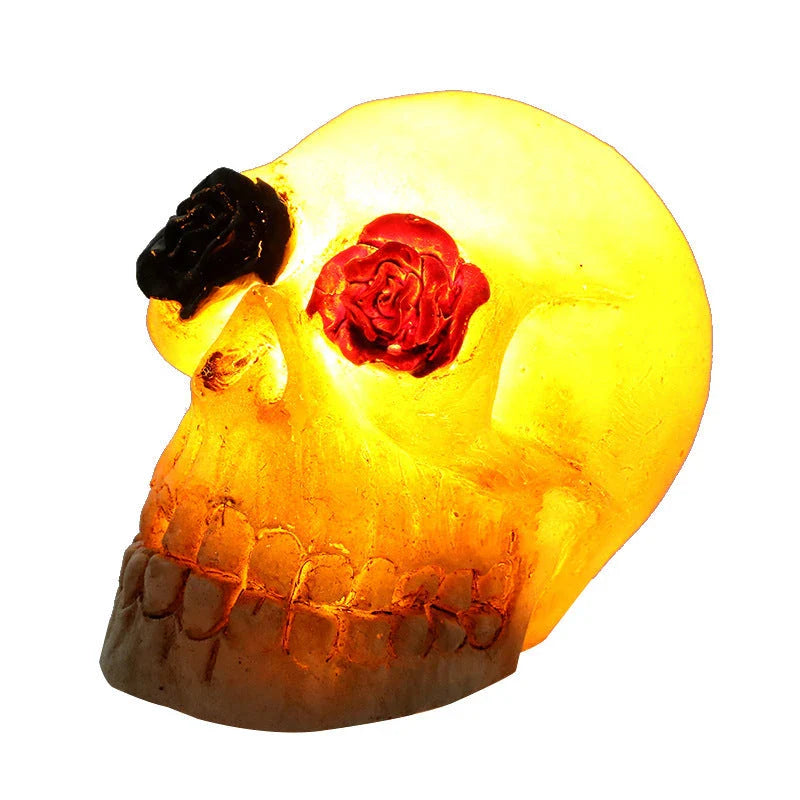 Spooky Skull Lamp with LED lighting, ghastly skeleton design, and semi-transparent resin finish for Halloween decor