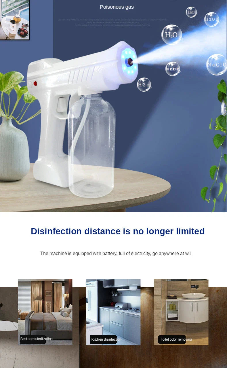 Cordless atomizing disinfectant sprayer with adjustable mist output, long-lasting battery, and durable brass nozzle for efficient sanitization
