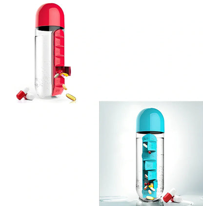 Two-in-one water cup with attached 7-day pill organiser showing daily compartments and screw-top lid