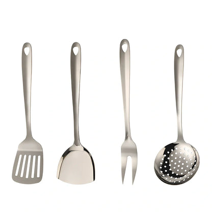 Thickened 430 stainless steel kitchen utensils set with seven tools including drain shovel and anti-slip handles