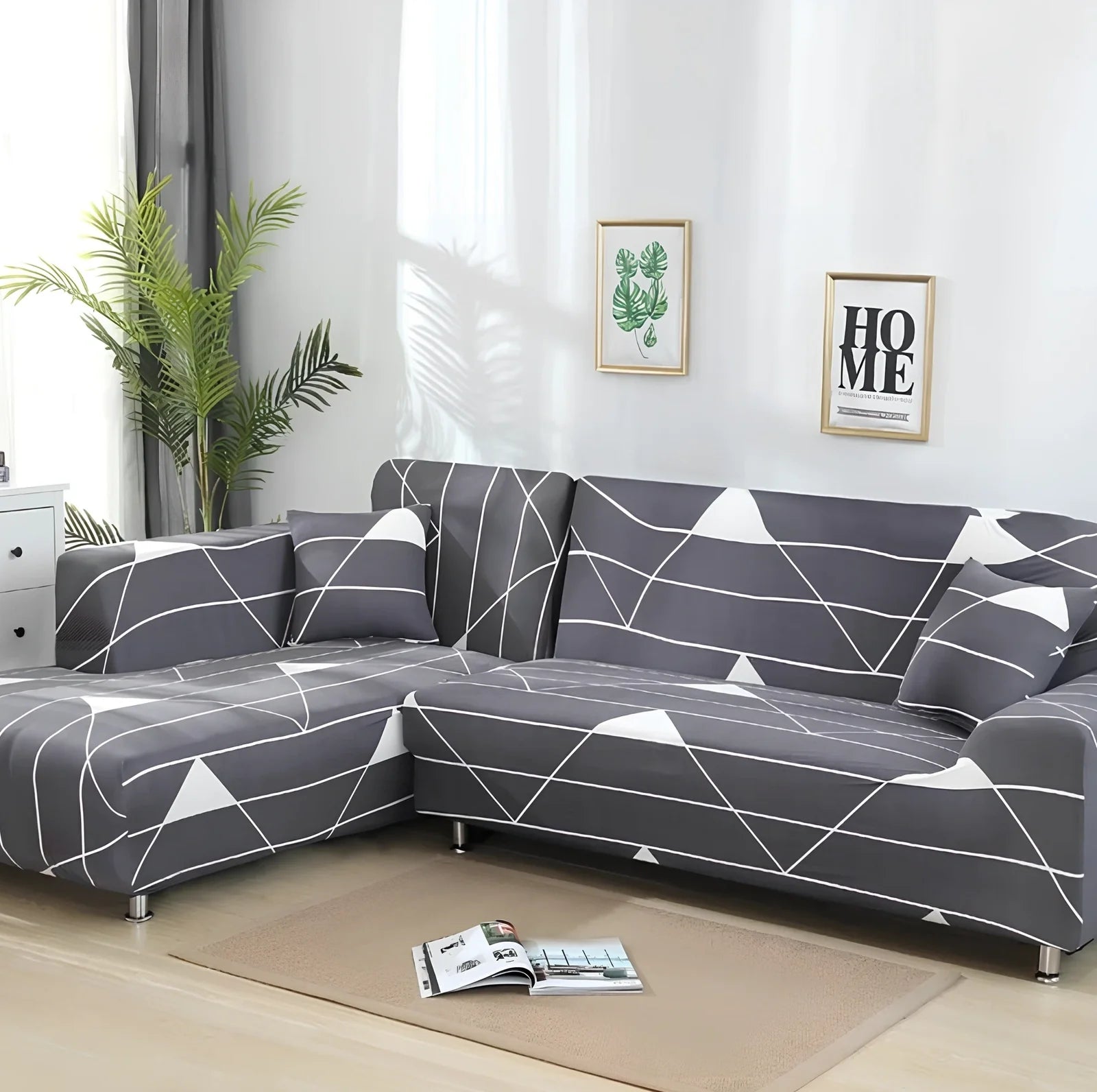 L-shaped stretch sofa cover with elastic fabric and sponge strips on grey sectional sofa