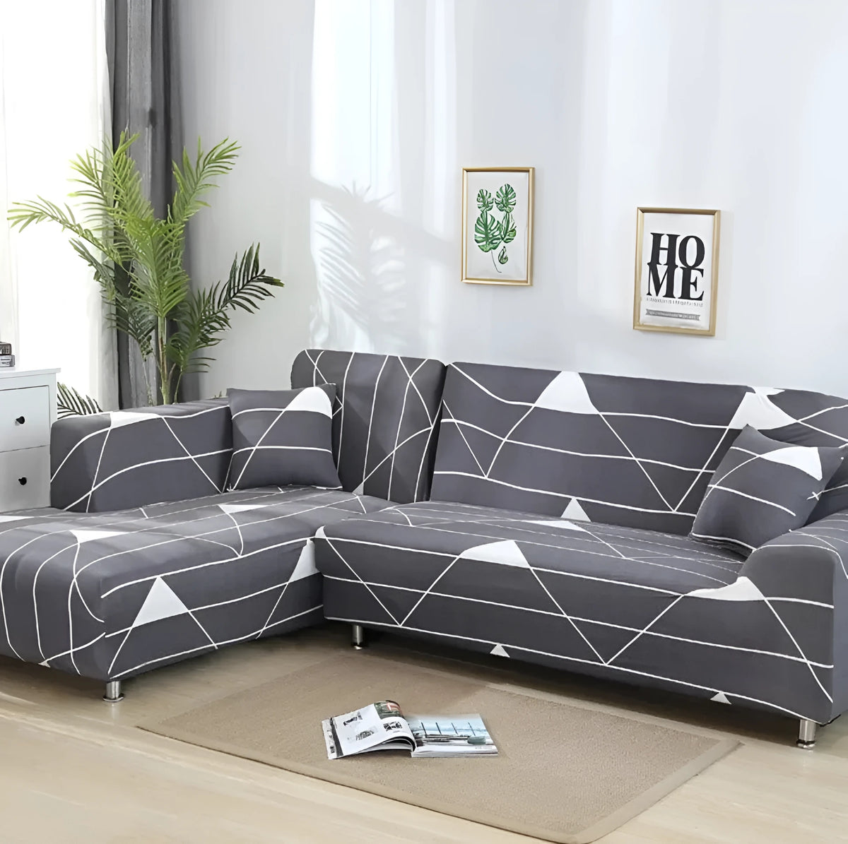 L shaped stretch sofa cover in high-density cloth with pillowcase, shown fitted to a sectional sofa