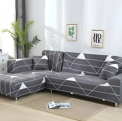 L shaped stretch sofa cover in high-density cloth with pillowcase, shown fitted to a sectional sofa