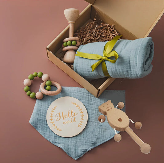 Wooden educational toy set with five beech wood rattles for children's emotional development