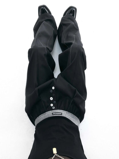Drooping straight suit pants in black or grey with high waist and button open line design, straight-leg cut