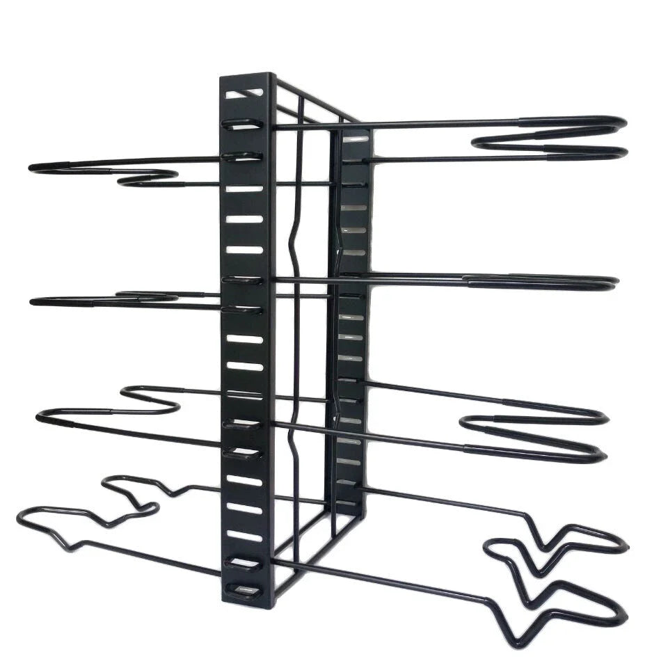 8-Tier Iron Pot Organizer Rack with Adjustable Shelves for Pots, Pans, and Lids in Black Finish