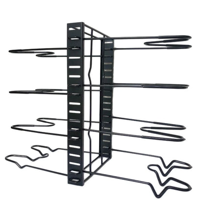 8-Tier Iron Pot Organizer Rack with Adjustable Shelves for Pots, Pans, and Lids in Black Finish