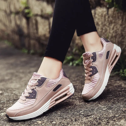 Women's casual shoes with a low heel in beige orange, grey, and pink purple colour options.