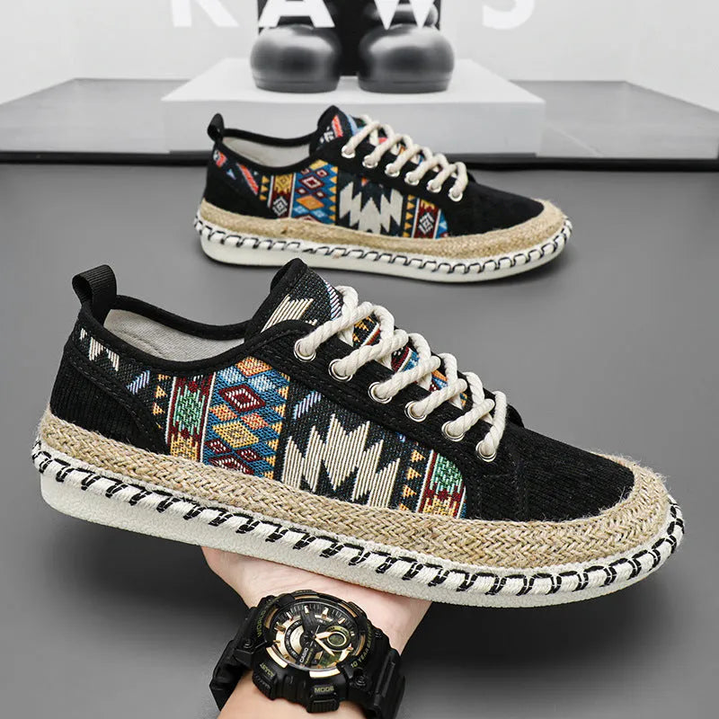 Men's black and beige cloth casual summer shoes with round toe design
