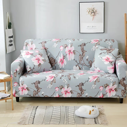 Elastic sofa cover with stripe pattern stretched over 3-seat sofa in living room setting