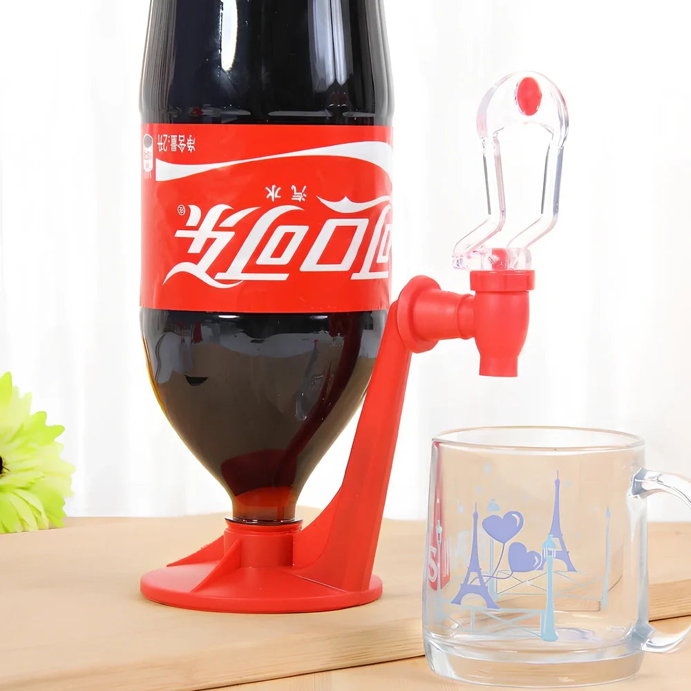 Red automatic beverage dispenser gadget measuring 15cm tall with universal bottle fitting