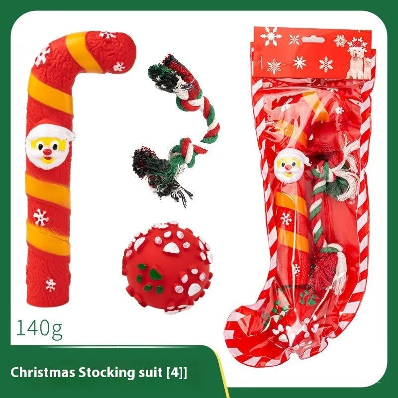 Christmas vinyl dog chew toys set with Santa heads, trees, balls and bite ropes for medium to large dogs