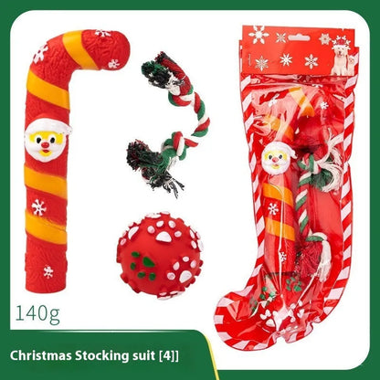 Christmas vinyl dog chew toys set with Santa heads, trees, balls and bite ropes for medium to large dogs