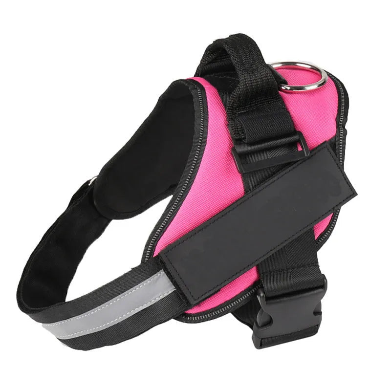 A reflective adjustable no-pull dog harness in nylon, shown on a dog, with a sturdy handle and D-ring for leash attachment.