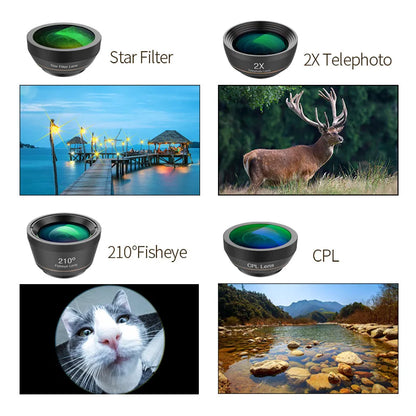 Six smartphone camera lenses including fisheye, macro, telephoto, wide-angle, CPL and star filters with aluminium housings