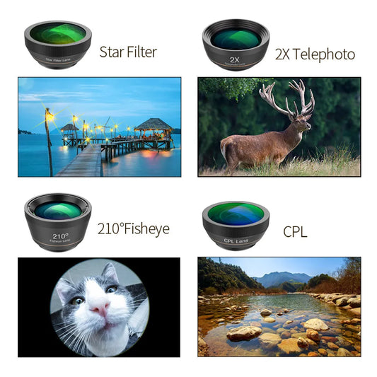 Six smartphone camera lenses including fisheye, macro, telephoto, wide-angle, CPL and star filters with aluminium housings