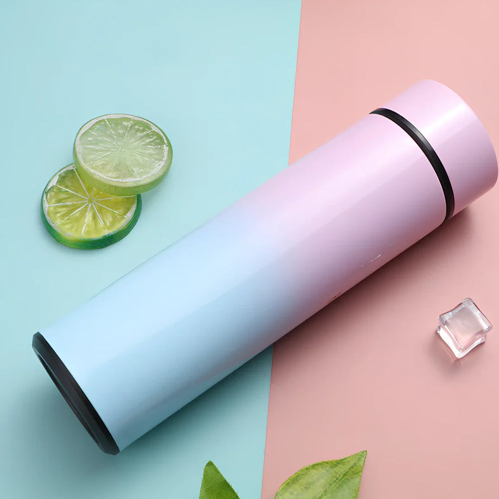 Stainless steel vacuum flask with temperature display showing beverage temperature, 22.5cm height