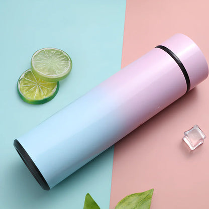 Stainless steel vacuum flask with temperature display showing beverage temperature, 22.5cm height