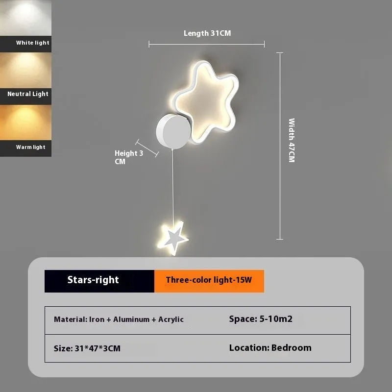 Black five-pointed star shaped children's wall lamp with a left-facing cloud design and touch control for three colour LED light.
