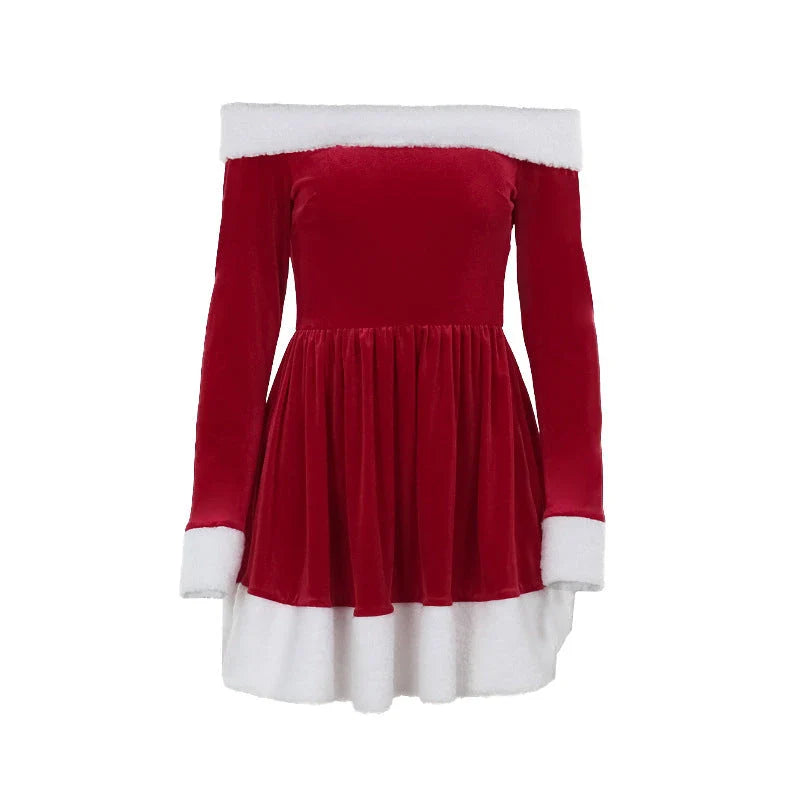 Women's Christmas Santa Dress with Plush Trim, Off-Shoulder Sleeves, and Festive Red Hue