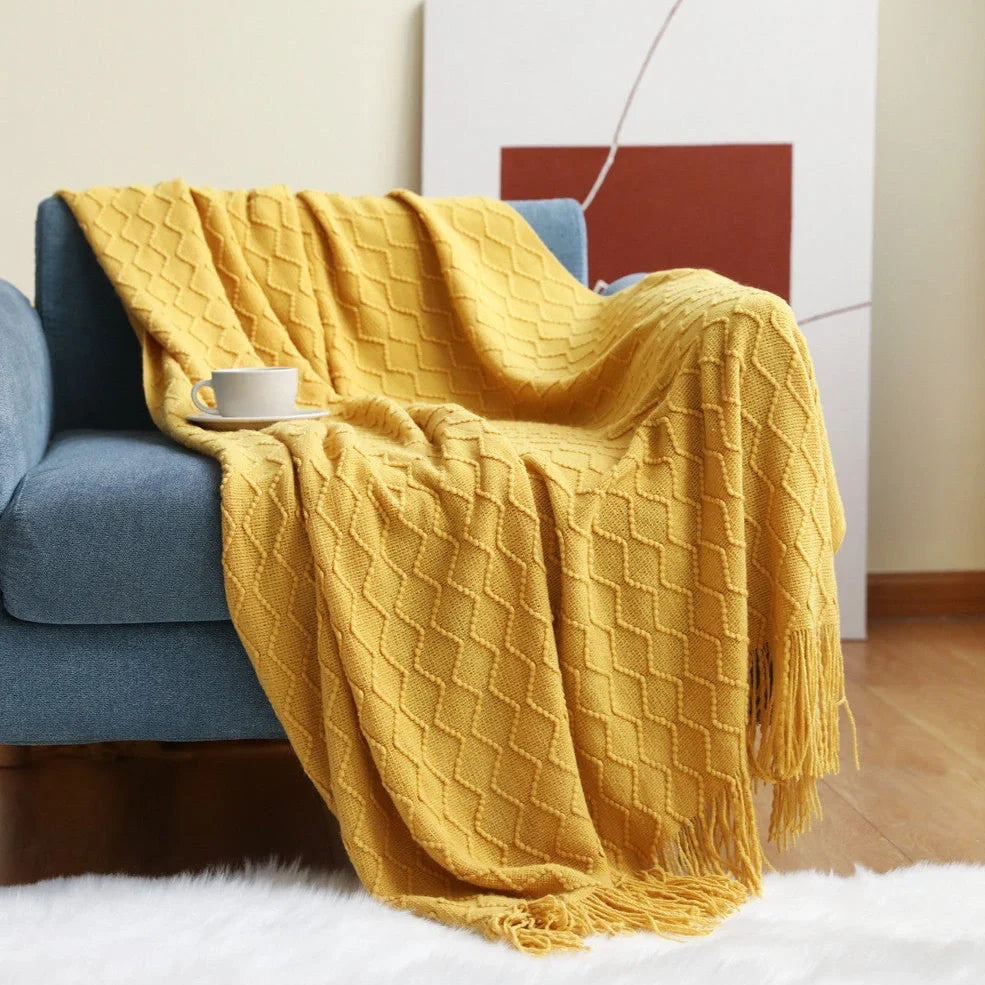 Nordic knitted sofa blanket in beige, yellow, khaki, grey, blue, or pink measuring 127x152cm or 130x200cm