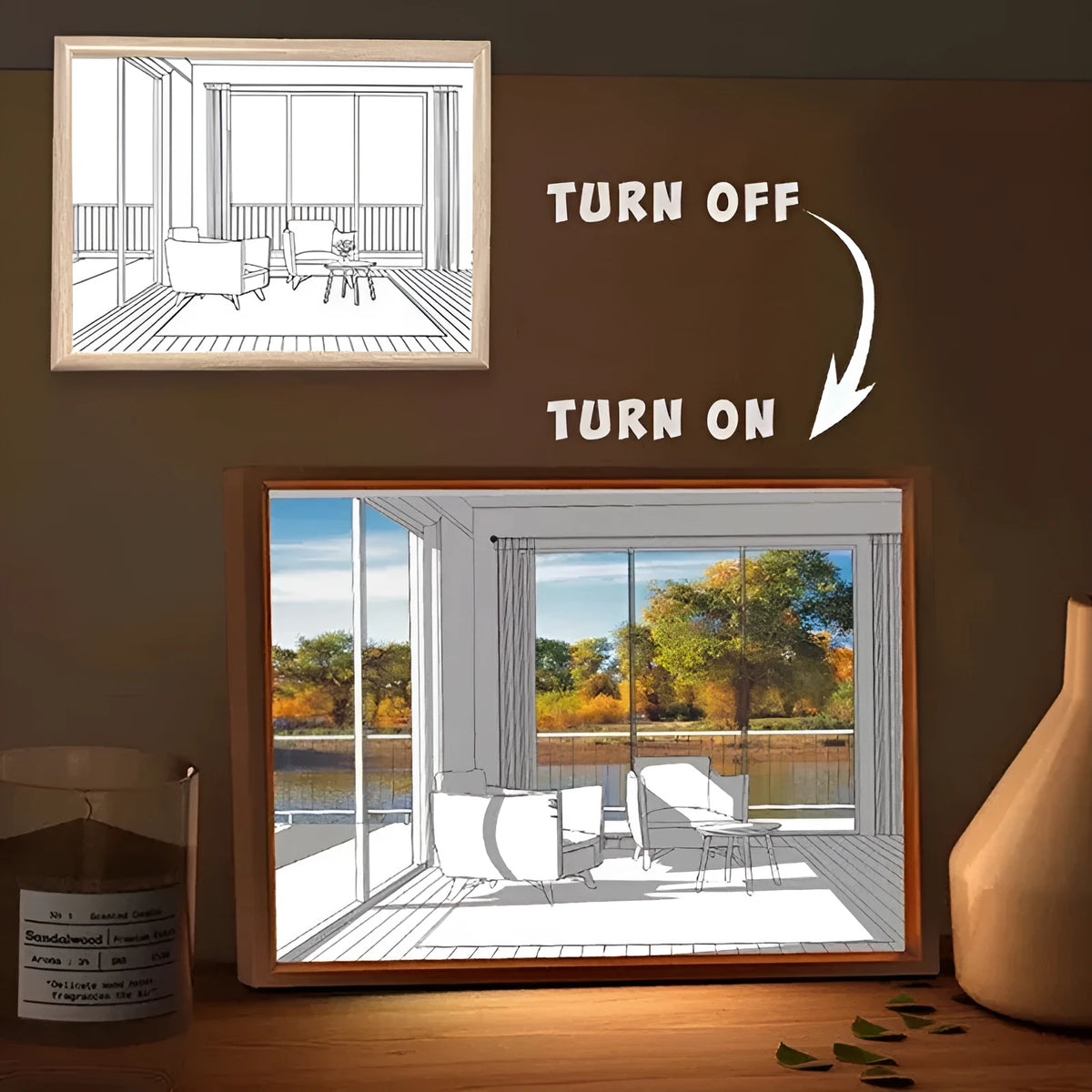 LED illuminated decorative picture light on a table showing a scenic landscape image glowing from within.