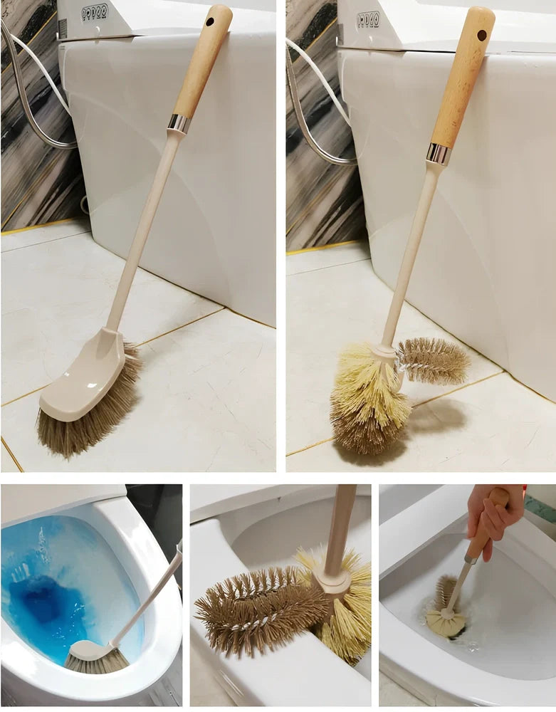 Wooden toilet brush with 360 degree bristles and natural beech handle for bathroom cleaning