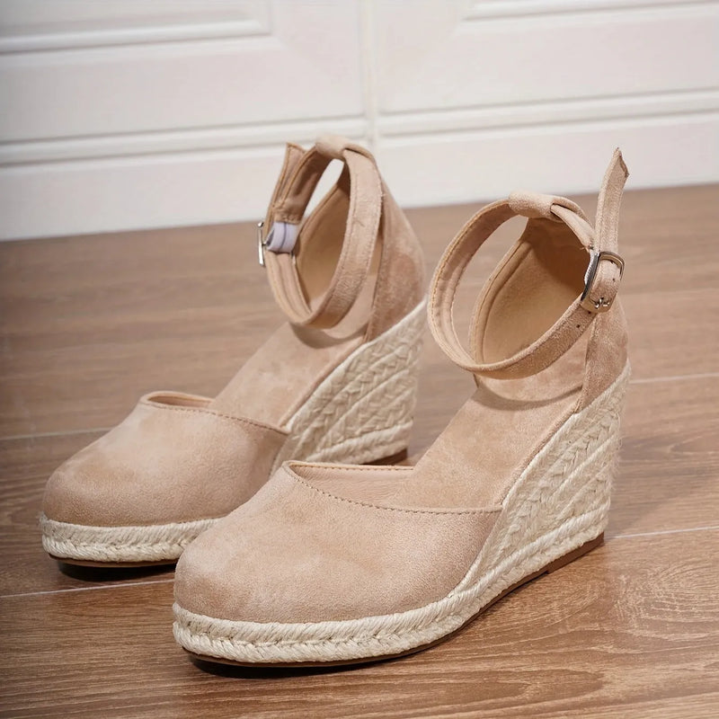 Women's Canvas Wedge Sandals with Roman Style Suede Upper and Rubber Sole in Apricot or Black, Casual Buckle Closure Sandals Available in Sizes 34 to 43