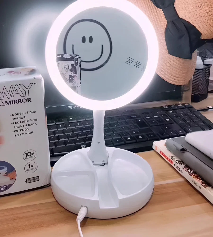 White acrylic double-sided LED vanity mirror showing magnification and normal sides with USB charging port