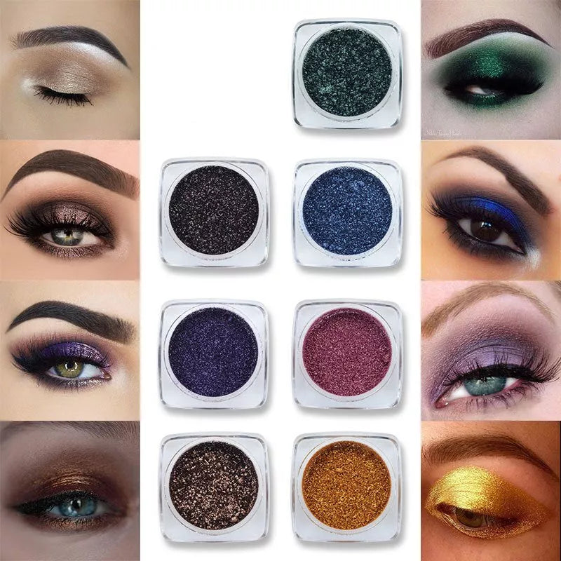 Pearlescent eye shadow powder pot in 12 vibrant colors, showcasing SILVER, BURGUNDY, and more