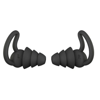 Silicone anti-noise sleep earplugs in grey and black, featuring shark fin design for secure fit
