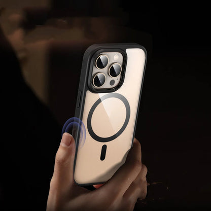 Transparent light colour magnetic phone case for iPhone 16 series showing airbag protection elements.