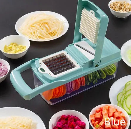 Multifunctional vegetable cutter with seven stainless steel blades on a food-grade plastic body.