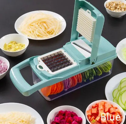 Multifunctional vegetable cutter with seven stainless steel blades on a food-grade plastic body.
