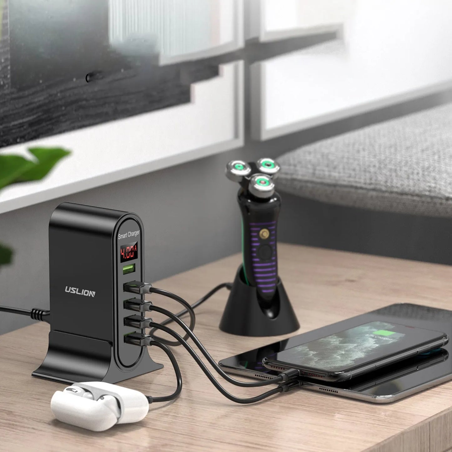 Smart LED digital display USB charger showing charging status with 4000mA output for UK voltage