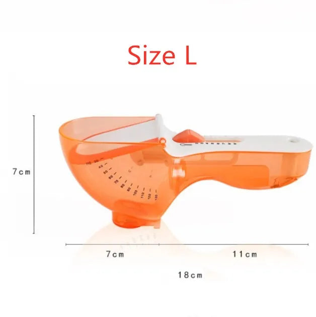 Orange and blue digital measuring spoon set showing measurement units and ergonomic handle.