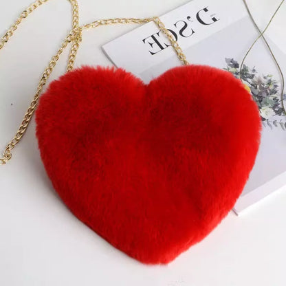 Women's plush chain shoulder bag with heart shape design in various colors