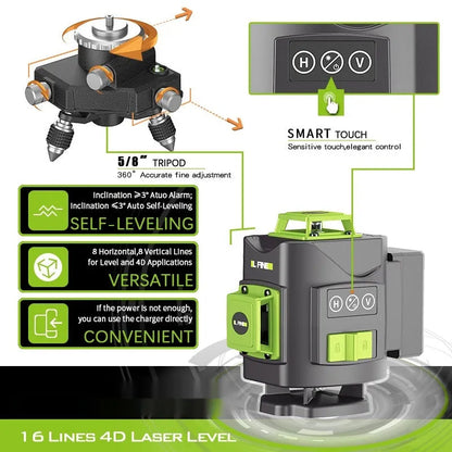 Green 16-line 3D laser level tool with compact black housing on a work surface.