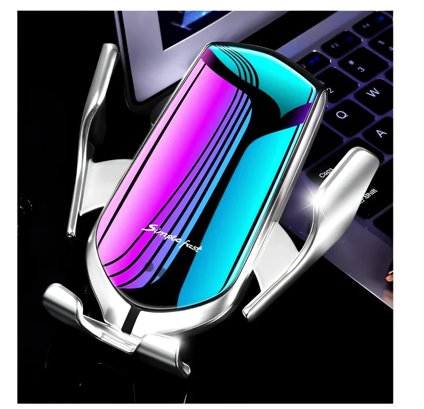 Black car wireless charger phone holder with suction cup mount and 360-degree rotation on a dashboard