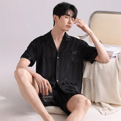 Men's artificial silk pyjama set with cardigan top and short trousers in a satin jacquard pattern.