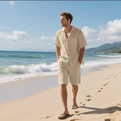Linen leisure breathable short sleeve shirt beach suit in Army Green, showing top and shorts set
