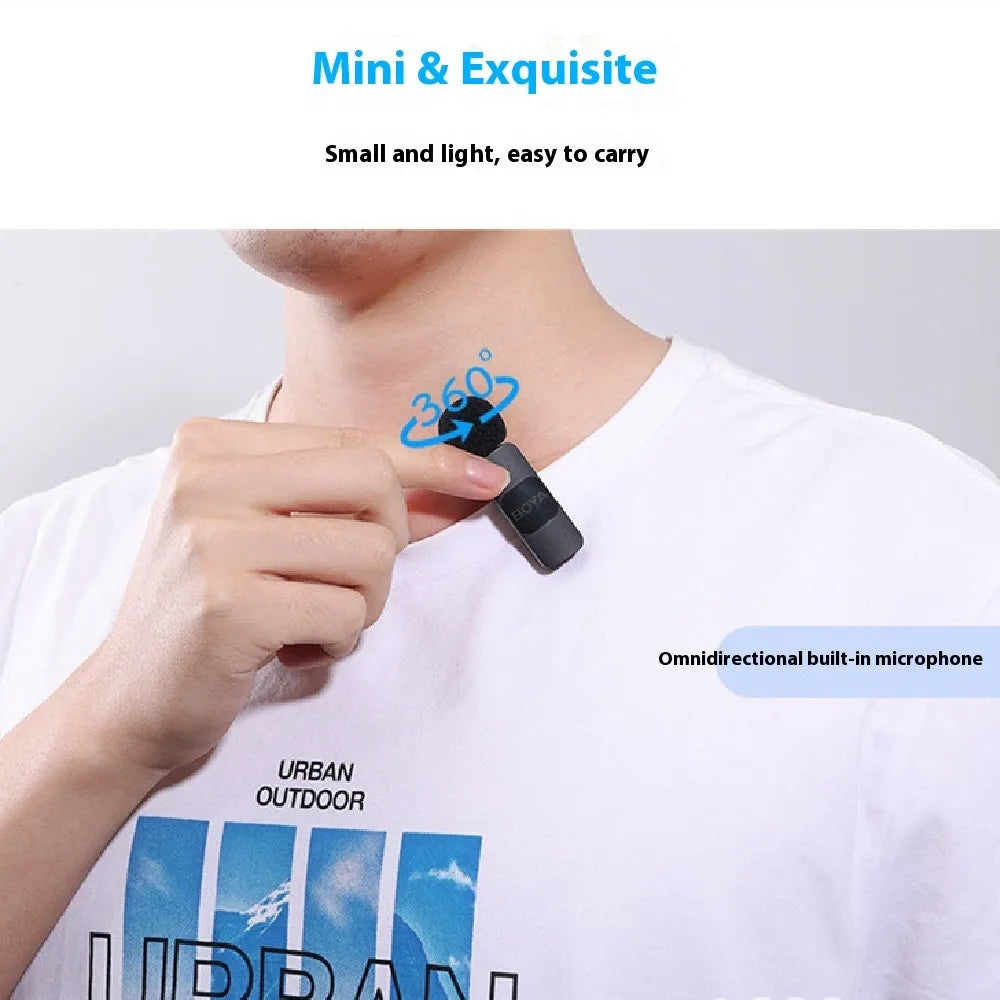 Wireless collar clip microphone with 2.4GHz transmission and USB-C charging for mobile live streaming and video recording