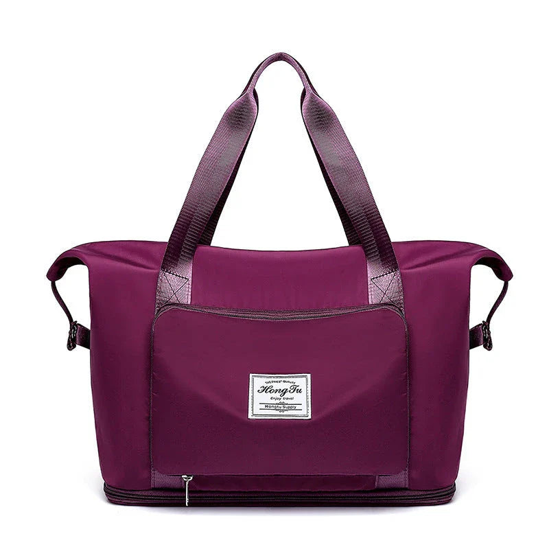 Roomy and foldable gym bag for women with waterproof Oxford fabric, multiple pockets, and wet/dry separation compartment