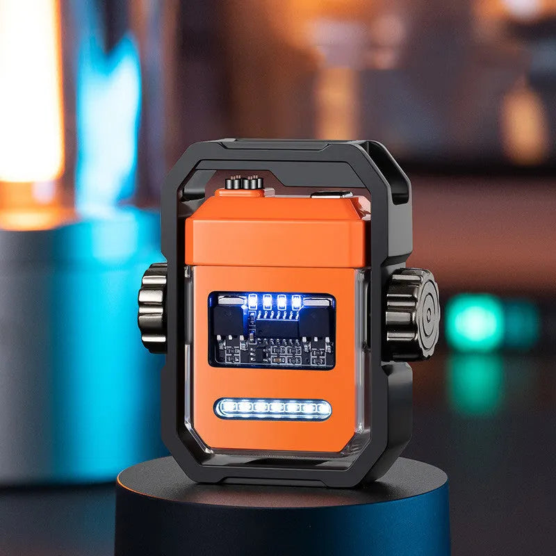 Pulse Lighter showing double arc flame, mechanical gyroscope, and folding zinc alloy body in blue colour