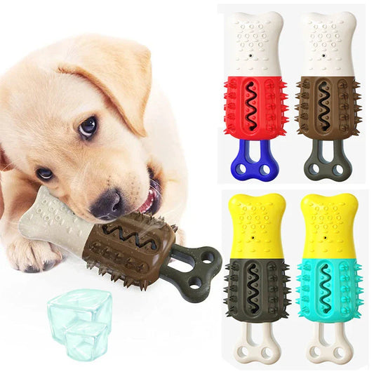 Refreshing chew toy for dogs with frozen water, textured surface, and durable design for cooling, dental care, and entertainment